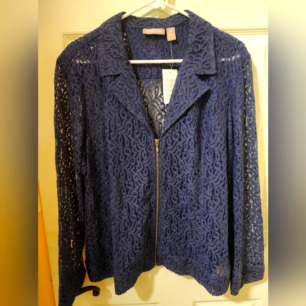Chico's Navy Lace Zip Front Blazer